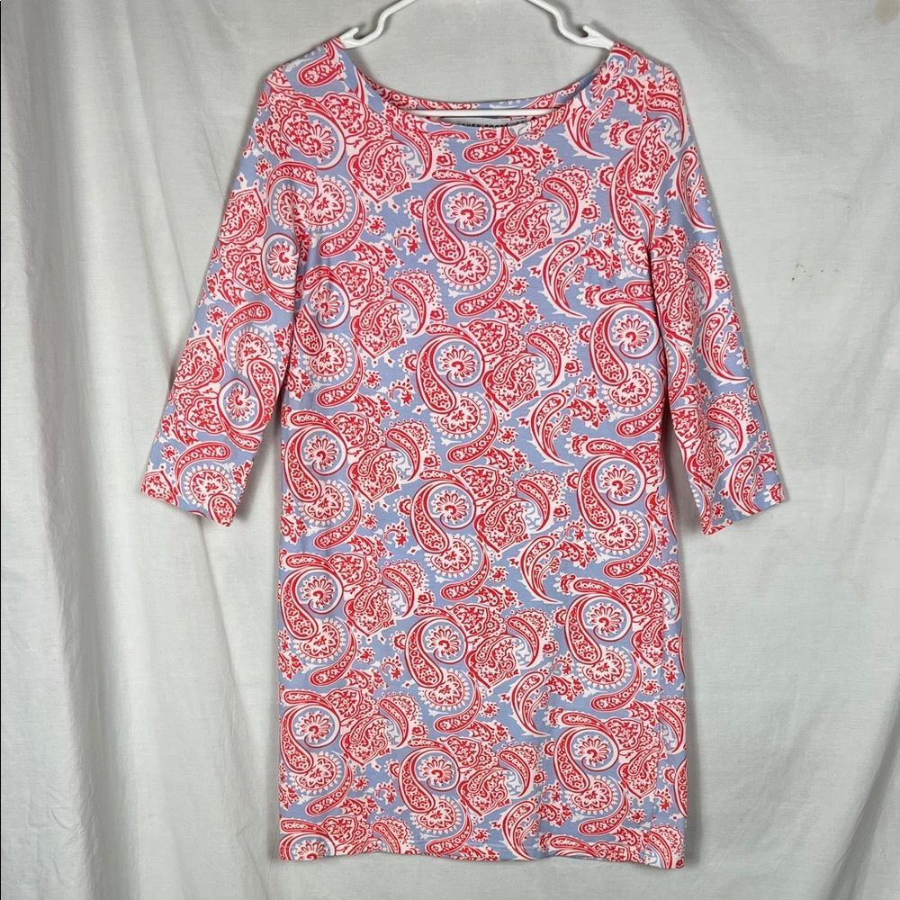 Gretchen Scott Coral and Blue Paisley Cotton Blend T Shirt Dress 3/4 Sleeve